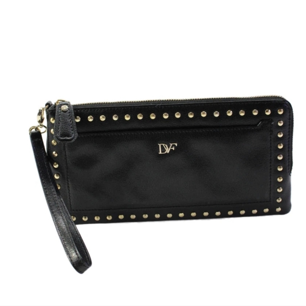 Diane Von Furstenberg Black Leather Wristlet with Gold Studded Accents EUC